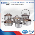 Kitchen using 12 pcs stainless steel cookware set with glass lid